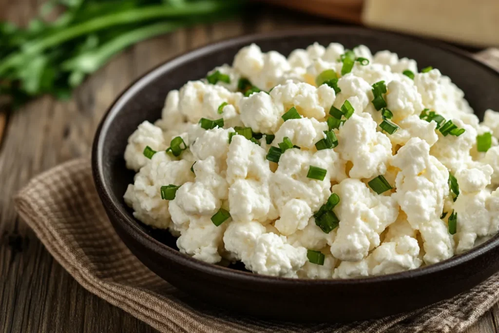 Comparison of cheese curds and cottage cheese on a wooden table showing texture differences