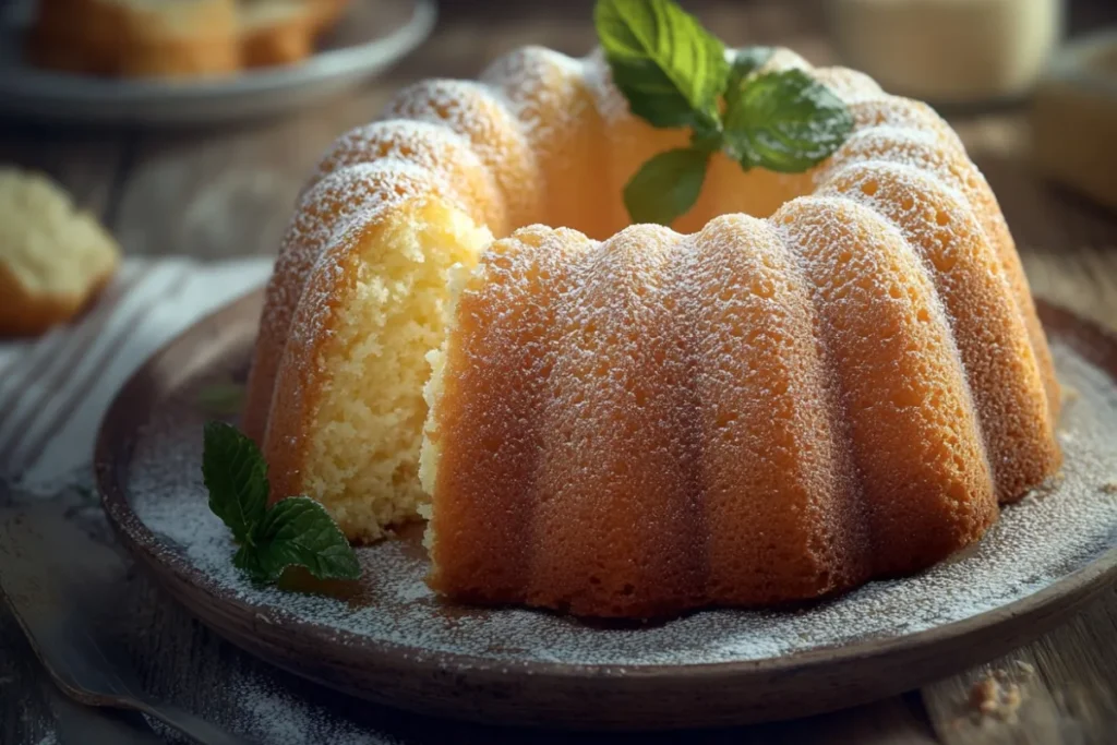 A perfectly baked pound cake with a light and smooth texture, sliced to show its fine crumb and airy consistency.