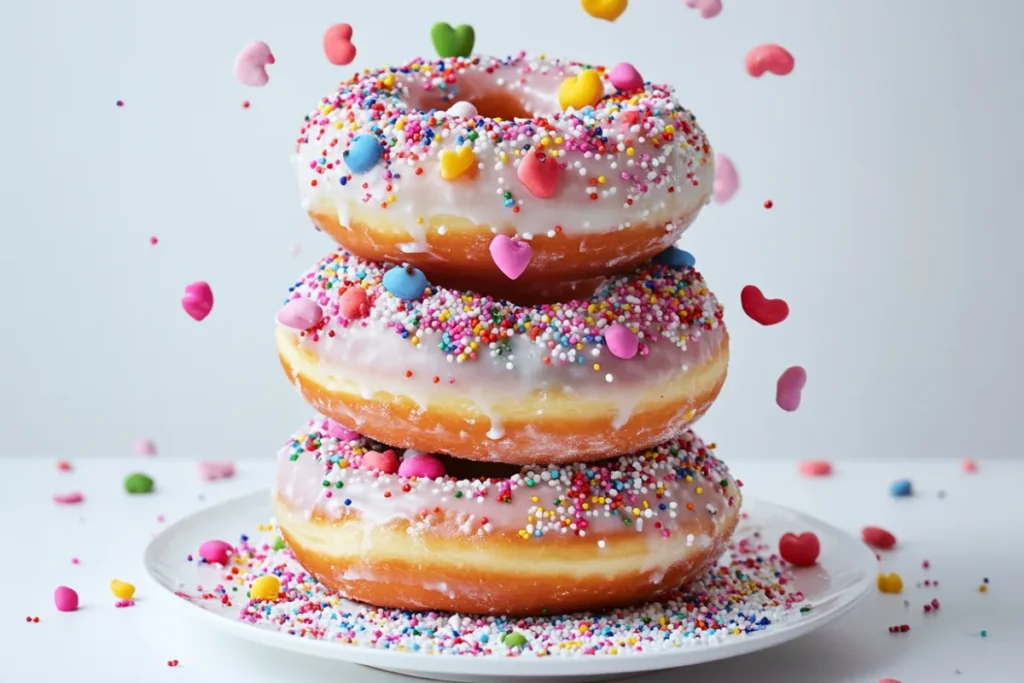 Donut tower assembled with multiple tiers of glazed and sprinkled donuts on a cake stand