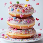 Donut tower assembled with multiple tiers of glazed and sprinkled donuts on a cake stand