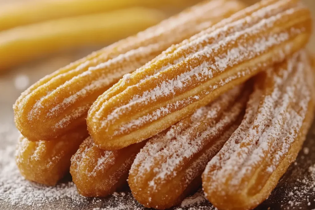 Traditional churros with sugar and chocolate dipping sauce, representing their cultural journey from Spain to Mexico and beyond