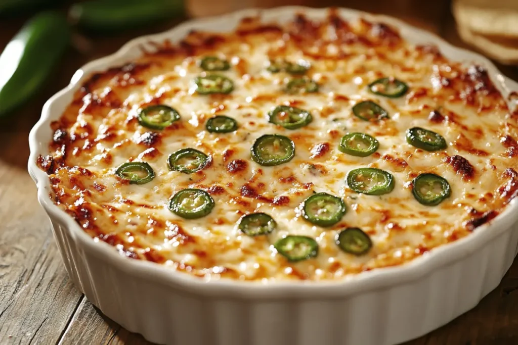 A bowl of creamy jalapeno popper dip topped with crispy breadcrumbs and fresh jalapeno slices, served with tortilla chips.