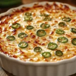 A bowl of creamy jalapeno popper dip topped with crispy breadcrumbs and fresh jalapeno slices, served with tortilla chips.