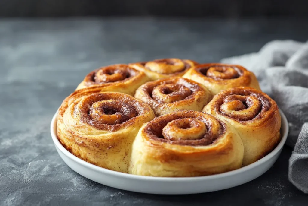 Freshly baked sourdough cinnamon rolls topped with creamy frosting, served on a rustic wooden table.