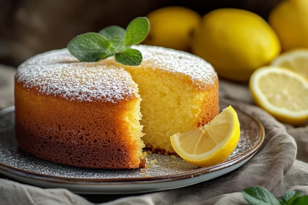 Moist lemon pound cake with a tangy lemon glaze, sliced and served on a white plate