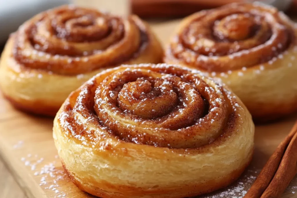 Close-up of a cinnamon bun and cinnamon roll side by side, highlighting their distinct textures and toppings.