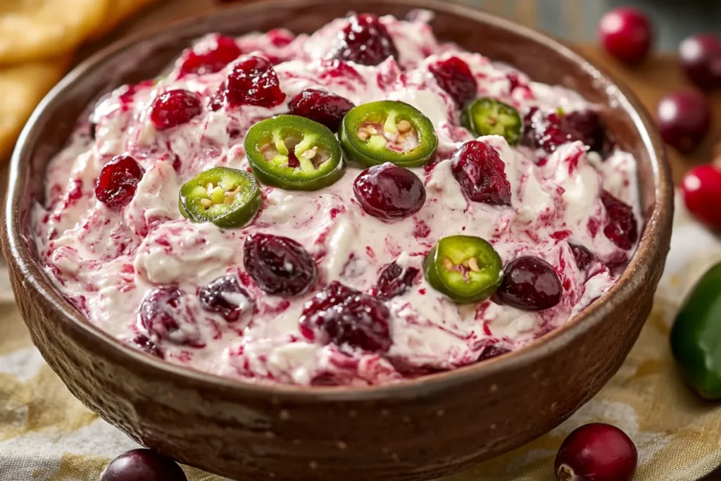 Costco Cranberry Jalapeno Dip spread on crackers and served as a party appetizer.