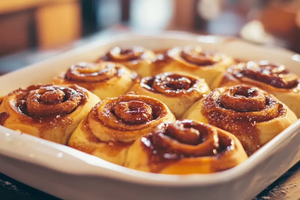 Flat, dense sourdough cinnamon rolls on a baking tray, highlighting issues with dough rising