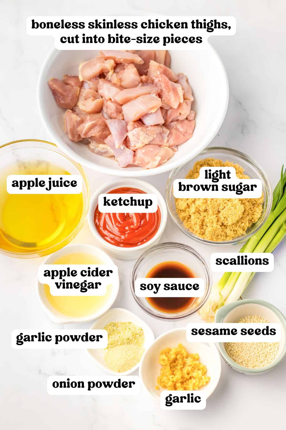 Ingredients to make this bourbon chicken recipe, including labeled chicken thighs, apple juice, ketchup, brown sugar, soy sauce, sesame seeds, and spices.