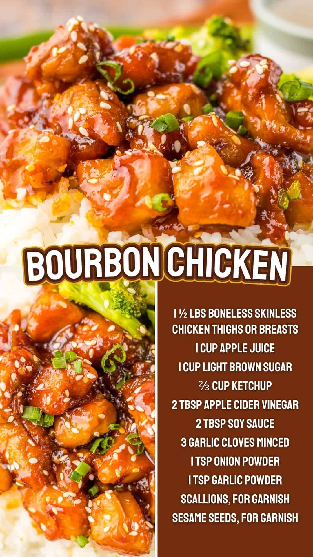 A recipe pin for bourbon chicken (mall food court copycat) with close-up images of the dish and a list of ingredients on a brown background.