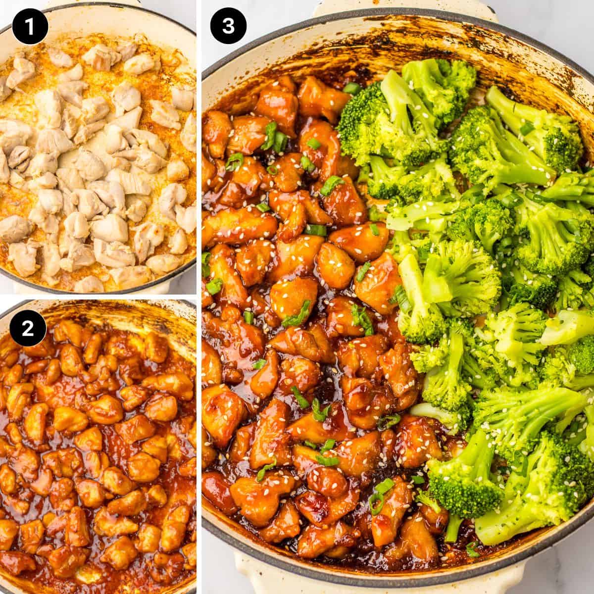 A collage of 3 images showing the cooking process for bourbon chicken. Image 1 shows bite-sized pieces of chicken being browned in a skillet. Image 2 shows the chicken coated in a rich, dark glaze as it simmers. Image 3 displays the final dish: glossy bourbon chicken garnished with sesame seeds and green onions on one side of the skillet, and bright green steamed broccoli on the other side.