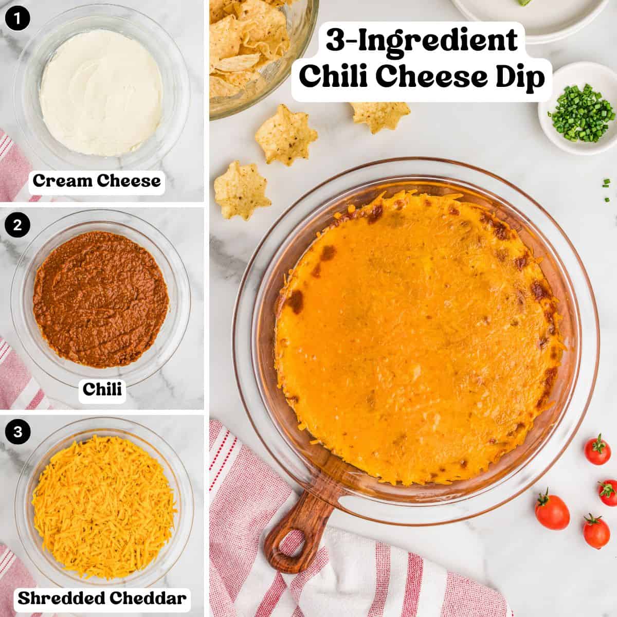 Collage showing steps for making 3-ingredient chili cheese dip. Top-left: softened cream cheese pressed into the bottom of a round pie dish. Middle-left: chili layered over cream cheese. Bottom-left: shredded cheddar cheese added on top. Right: baked dip, golden and bubbly, served with tortilla chips.