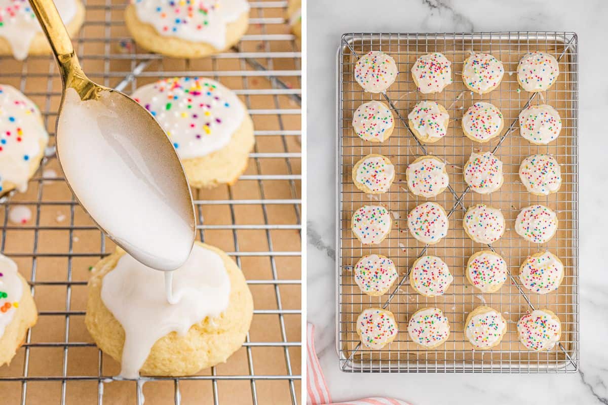 A split image of freshly baked Italian ricotta cookies. On the left, a spoon drizzles white icing onto a soft, golden cookie topped with colorful sprinkles on a cooling rack. On the right, a full tray of cookies with icing and rainbow sprinkles sits neatly arranged on a wire rack over parchment paper.