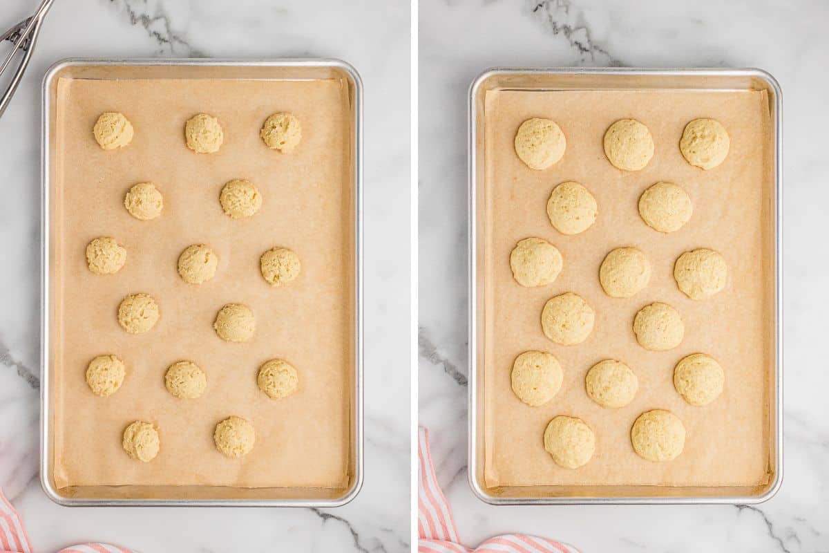 Side by side images of ricotta cookies on baking sheets lined with parchment paper. On the left, raw cookie dough balls are evenly spaced before baking. On the right, the cookies are baked to a soft, golden finish, retaining their round shape and smooth texture.