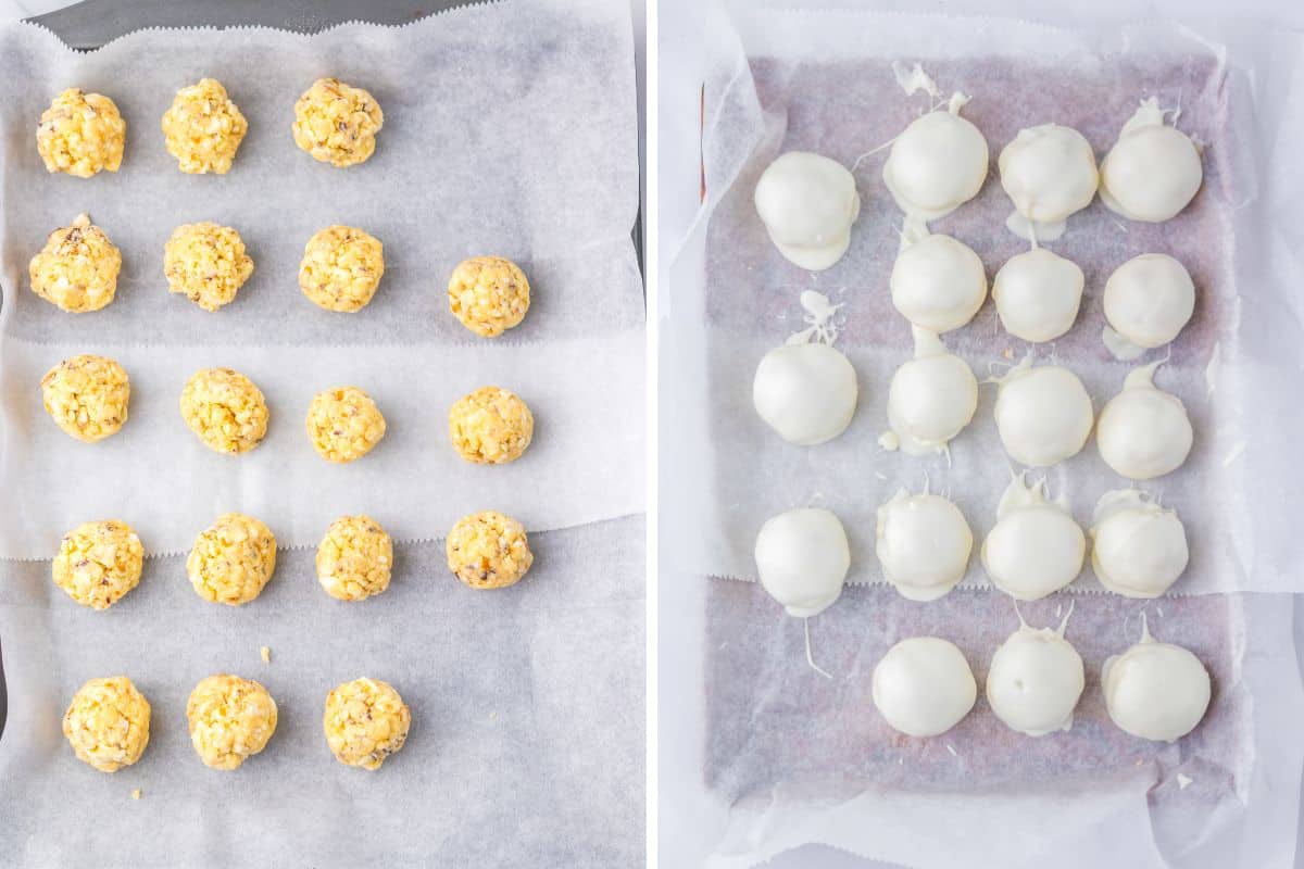 Side-by-side view of uncoated and white chocolate-coated dessert balls on parchment paper lined baking sheet.