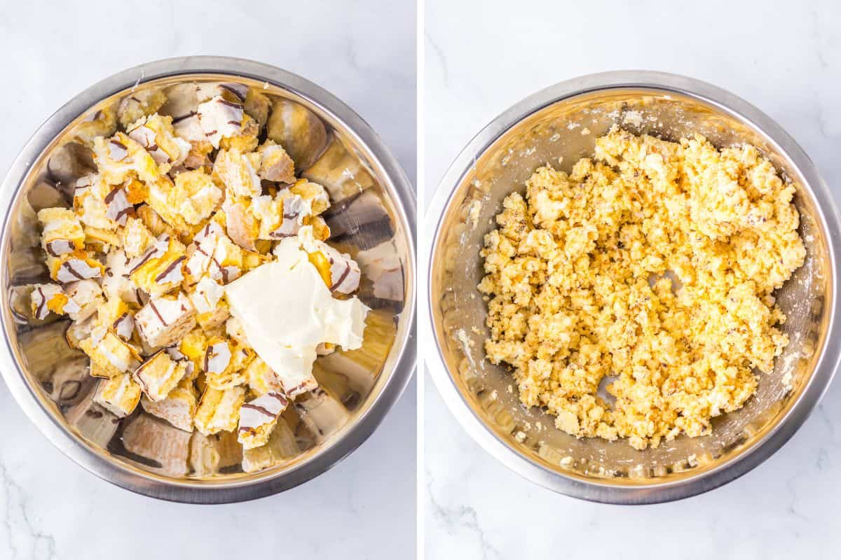 Side-by-side images of mixing process in metal bowls: the left image shows chunks of cakes and cream cheese, and the right image shows the fully blended mixture forming a coarse, yellow dough-like consistency.