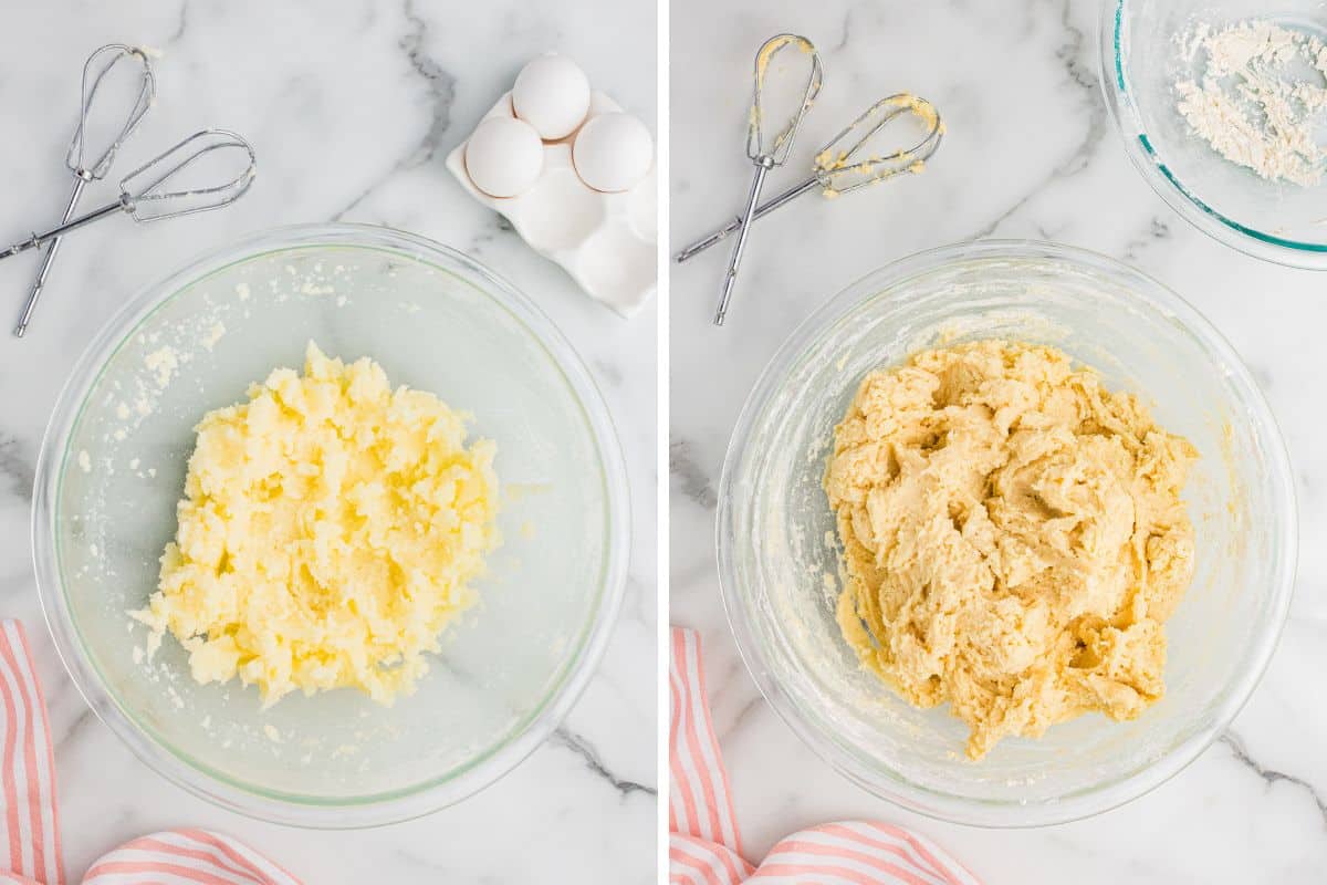 A split image showing ricotta cookie dough in progress. On the left, a glass bowl contains creamed butter and sugar, surrounded by cracked eggs and beaters. On the right, the fully mixed ricotta cookie dough sits in the bowl, with beaters coated in dough nearby.