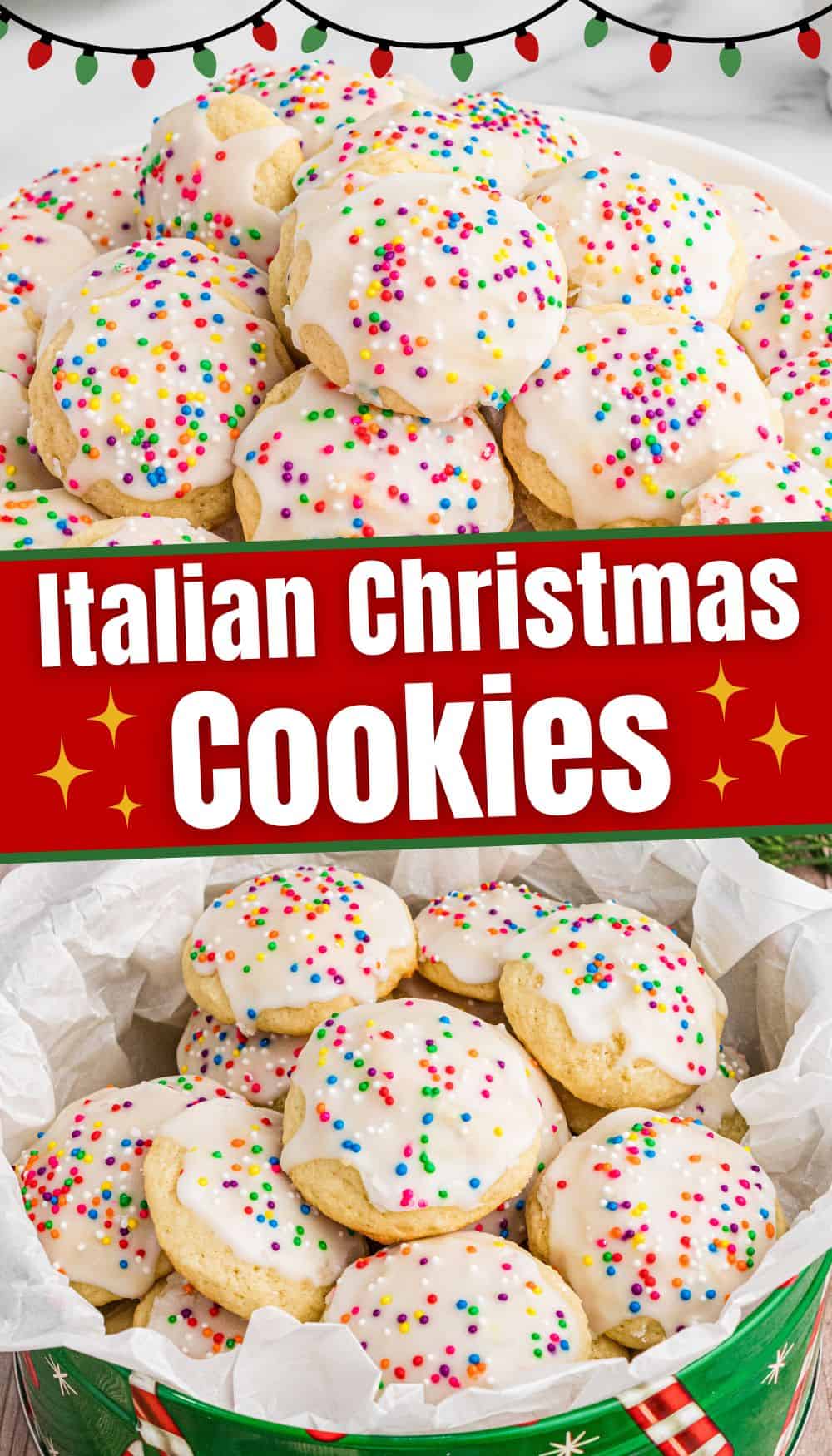 A plate and tin filled with Italian Christmas cookies. The cookies are soft, round, covered with a white glaze, and topped with colorful rainbow sprinkles. A festive red banner in the middle reads 