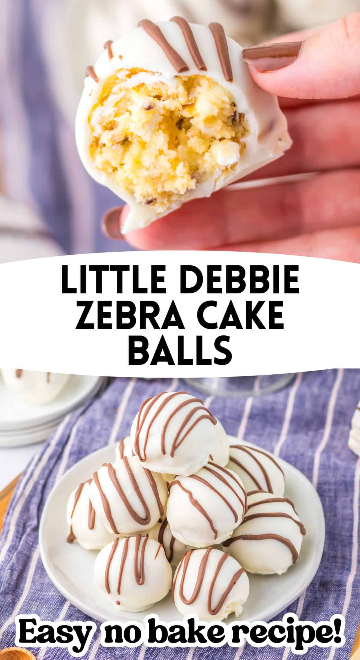A close-up of a zebra cake ball held in hand, covered in white chocolate with chocolate drizzle on top. A bite reveals the yellow and cream-colored interior, highlighting the moist, cake-like texture. Text overlays read 