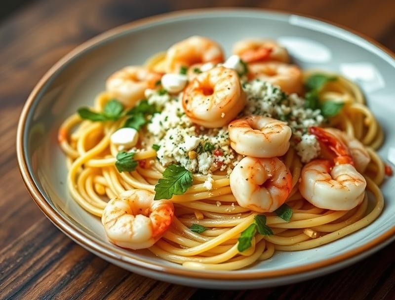 Savory Quick Shrimp Spicy Greek Pasta