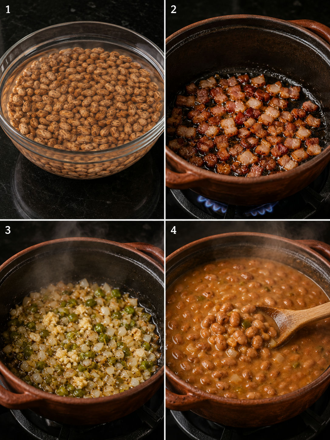 Four cooking steps for frijoles de la olla from soaking beans to the finished simmering pot