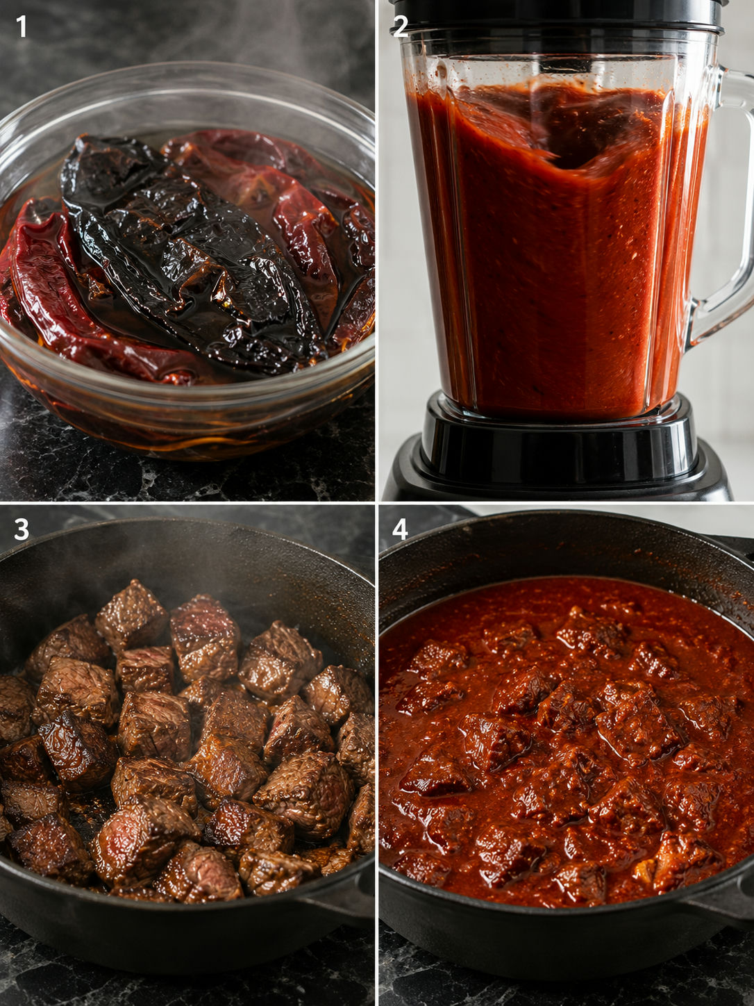 Four-step process of making Chile Colorado from soaking dried chiles to finished braised beef