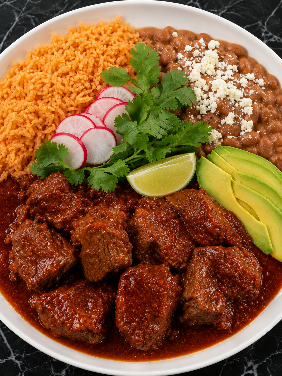 Chile Colorado dinner plate with red chile braised beef, Mexican rice, pinto beans, and cilantro