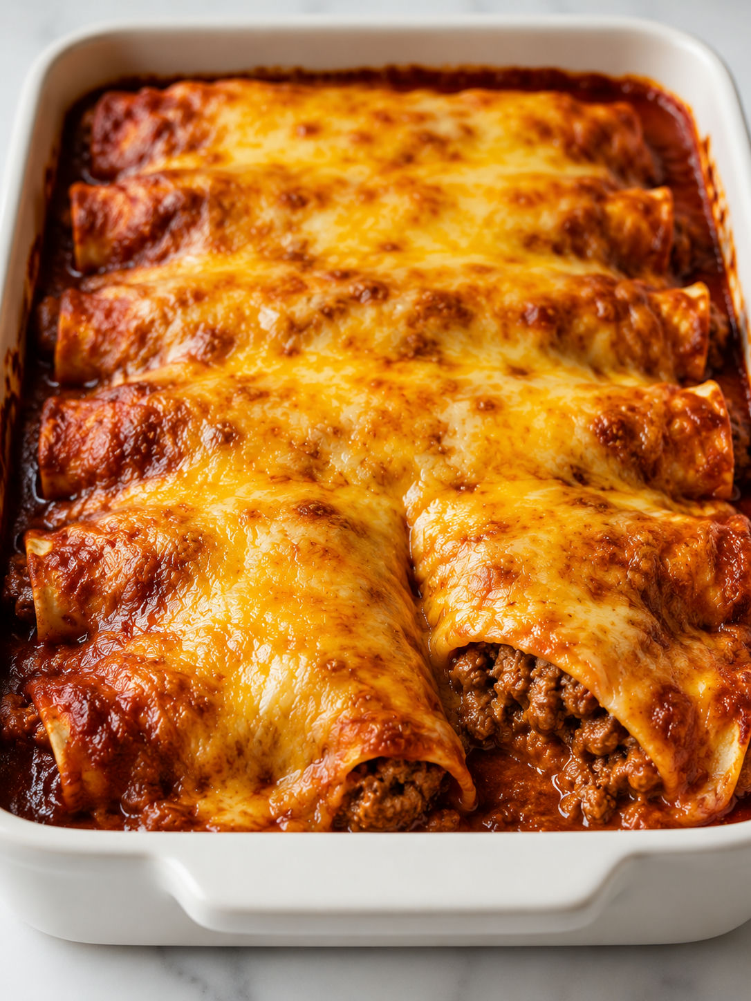 Low-angle close-up of baked beef enchiladas with golden melted cheese and red enchilada sauce