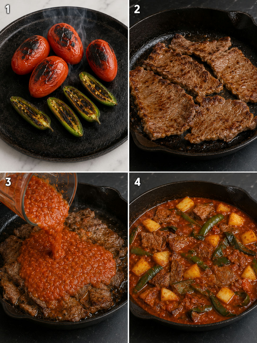 Four cooking steps for bistec ranchero from charring tomatoes to the finished braised steak in ranchero salsa