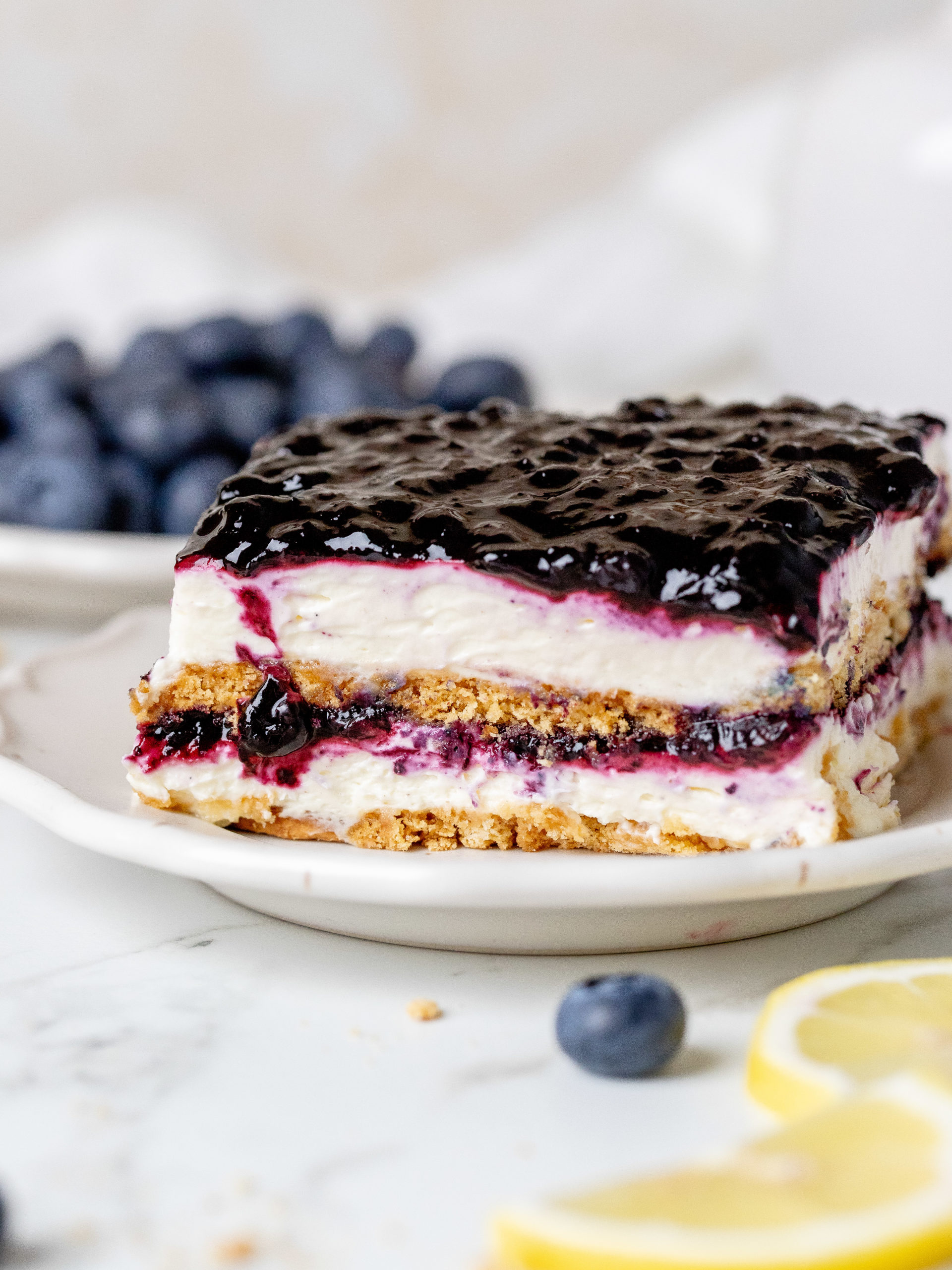 A slice No-Bake Blueberry Lemon Icebox Cake.
