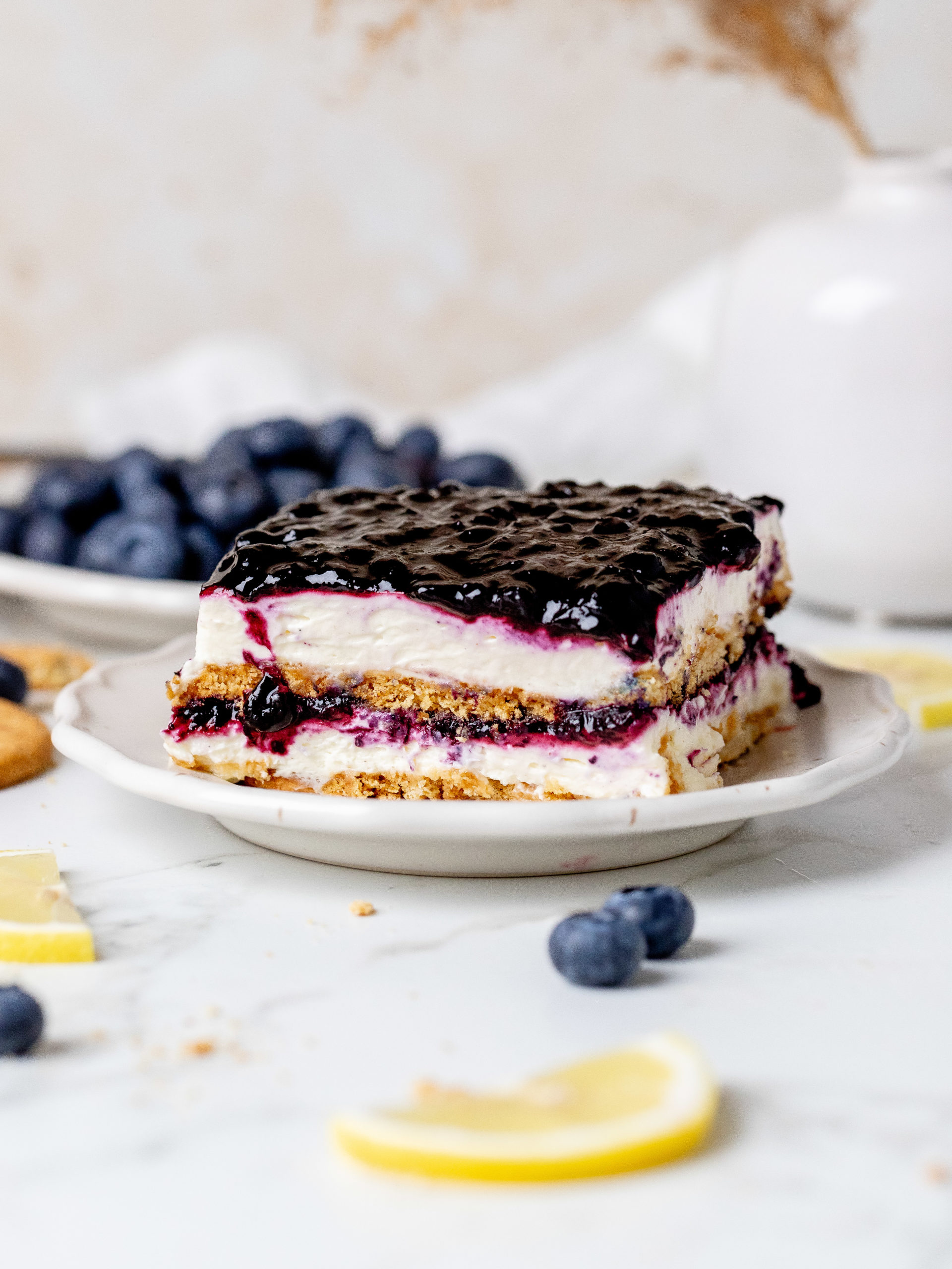 A slice No-Bake Blueberry Lemon Icebox Cake.