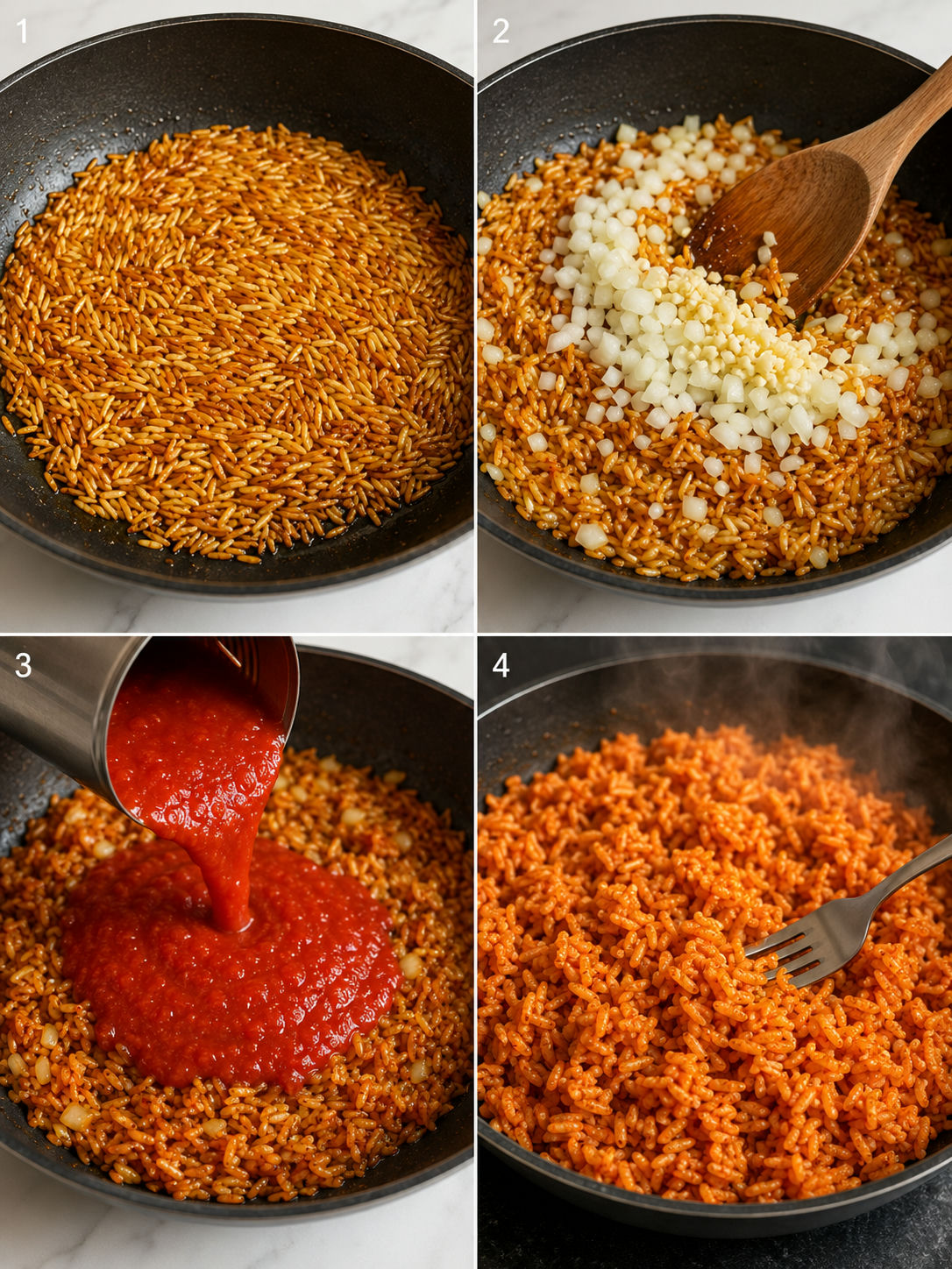Four cooking steps for Spanish rice from toasting the grains to fluffing the finished dish