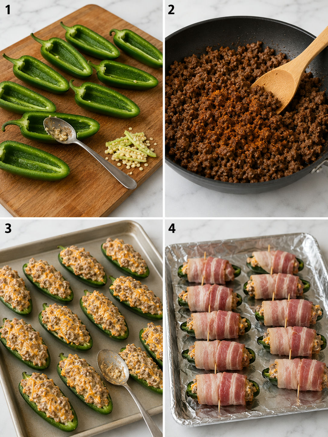 Four cooking steps for jalapeño popper tacos: seeding, browning beef, filling, and wrapping in bacon