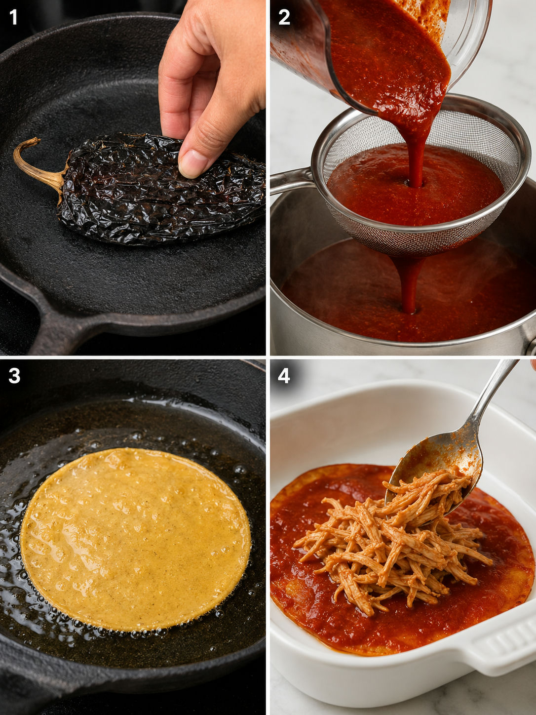 Step-by-step grid showing how to make enchiladas rojas: toasting chiles, straining sauce, frying tortillas, filling