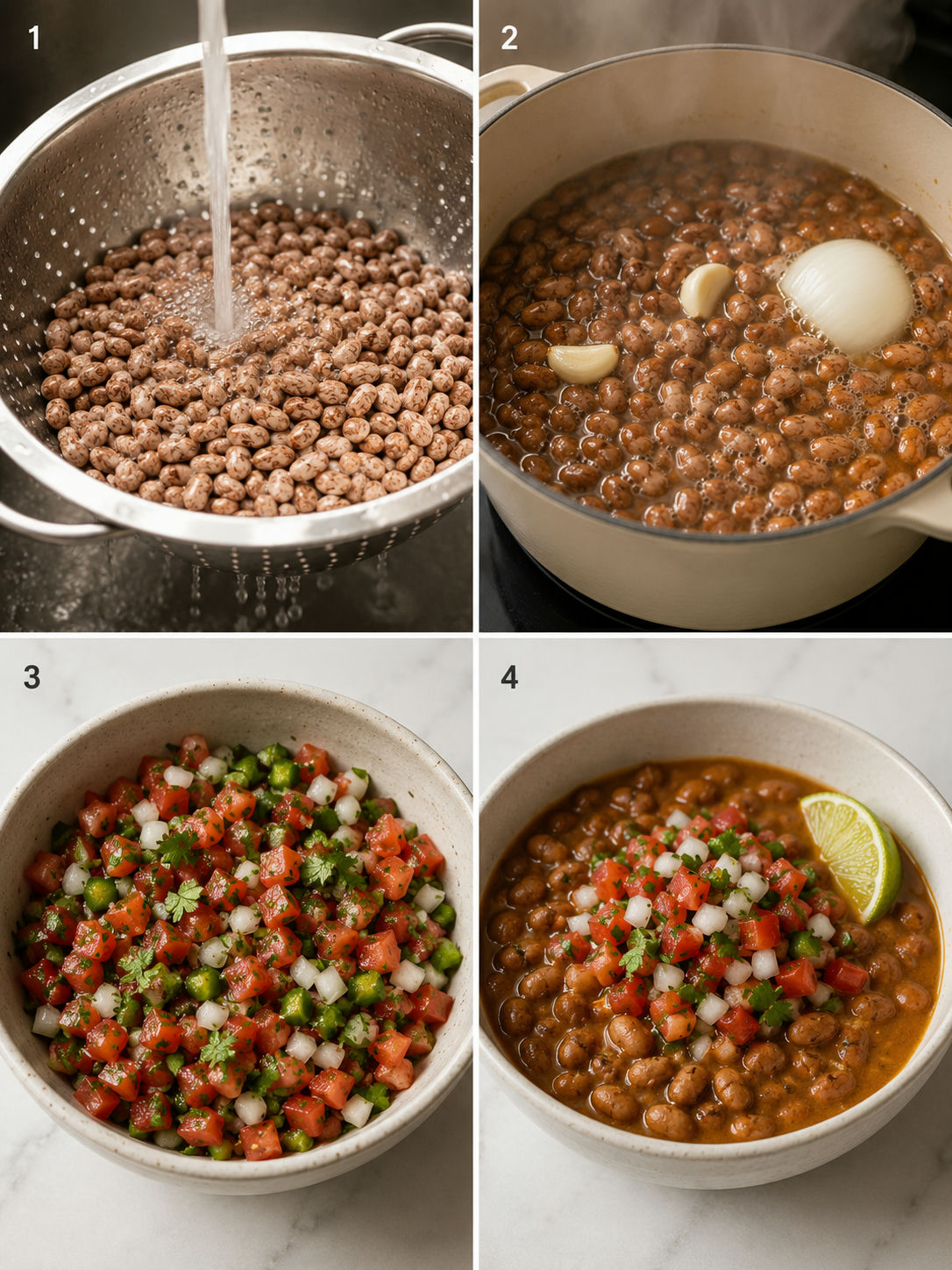 Four steps making pinto beans and pico de gallo from rinsing beans to serving
