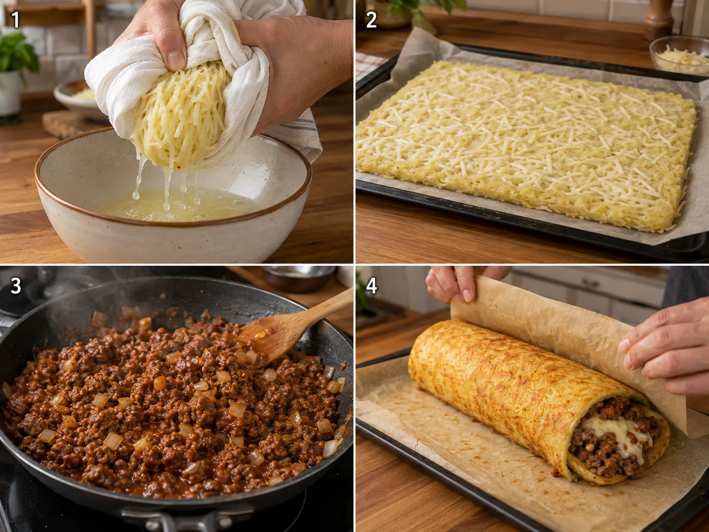 Four steps of making beef potato roll: squeezing potatoes, spreading the base, cooking beef, and rolling it up