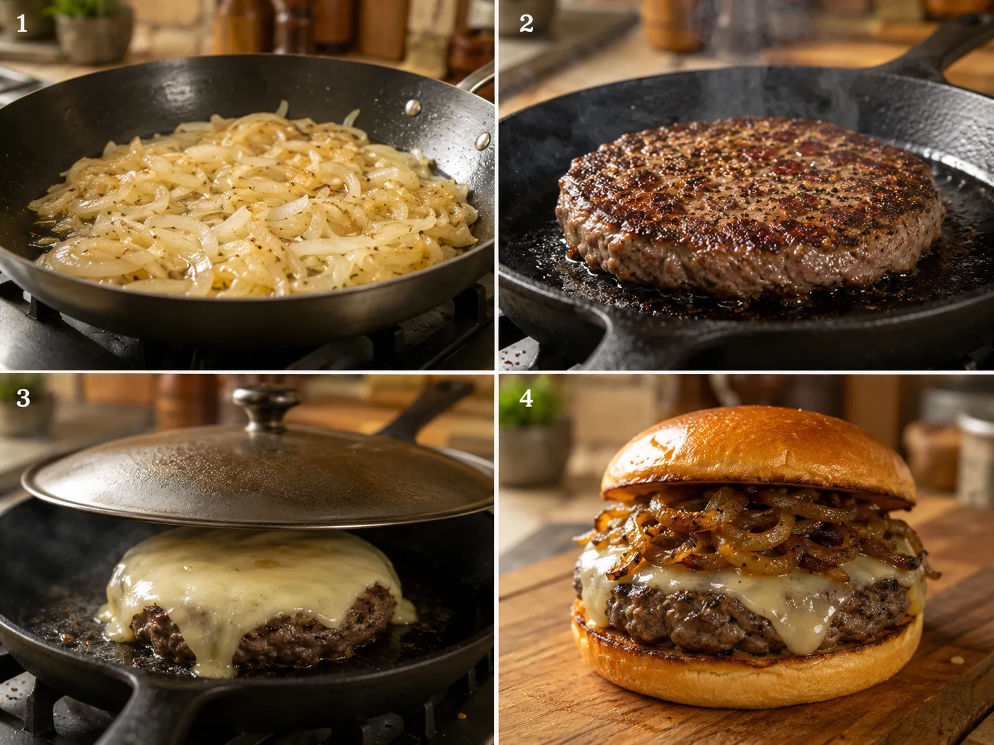 Four cooking steps for cheesy French onion hamburger from caramelizing onions to final assembly
