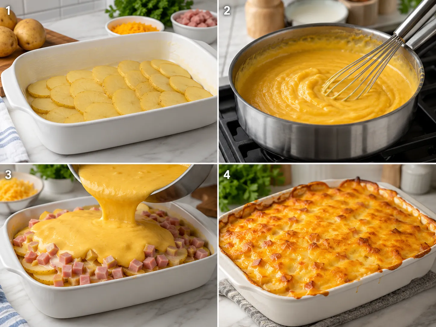 Four cooking steps for cheesy ham potato casserole from layering to golden baked finish