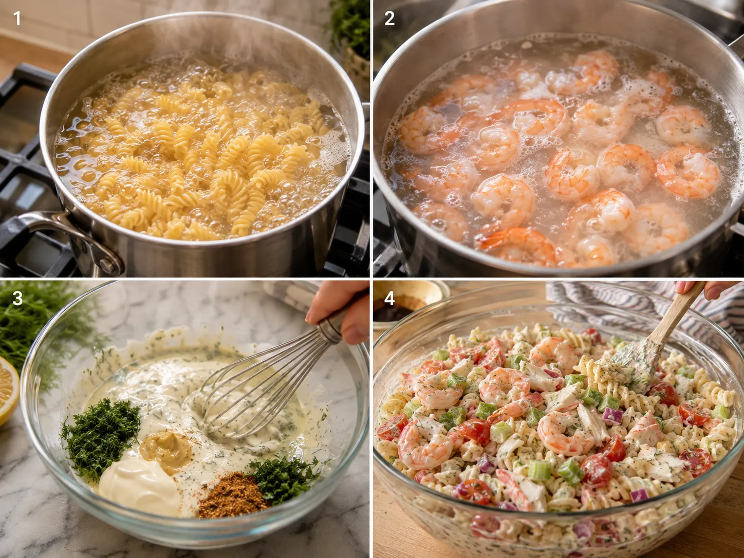 Four steps for making Seafood Pasta Salad with shrimp and crab