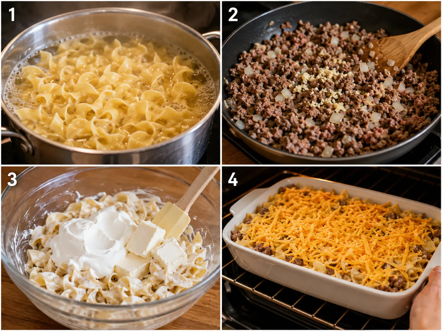 Four cooking steps for beef noodle casserole before baking