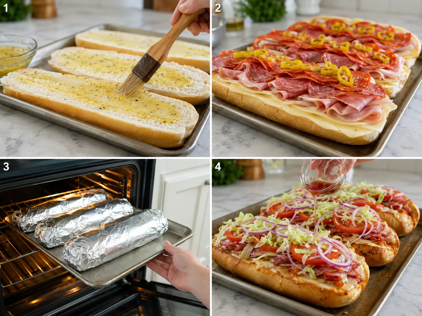 Four steps for making baked Italian sub sandwiches from brushing rolls to topping