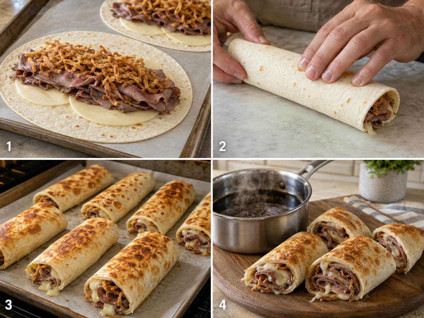 Steps for making French Dip Tortilla Roll-Ups with warm au jus