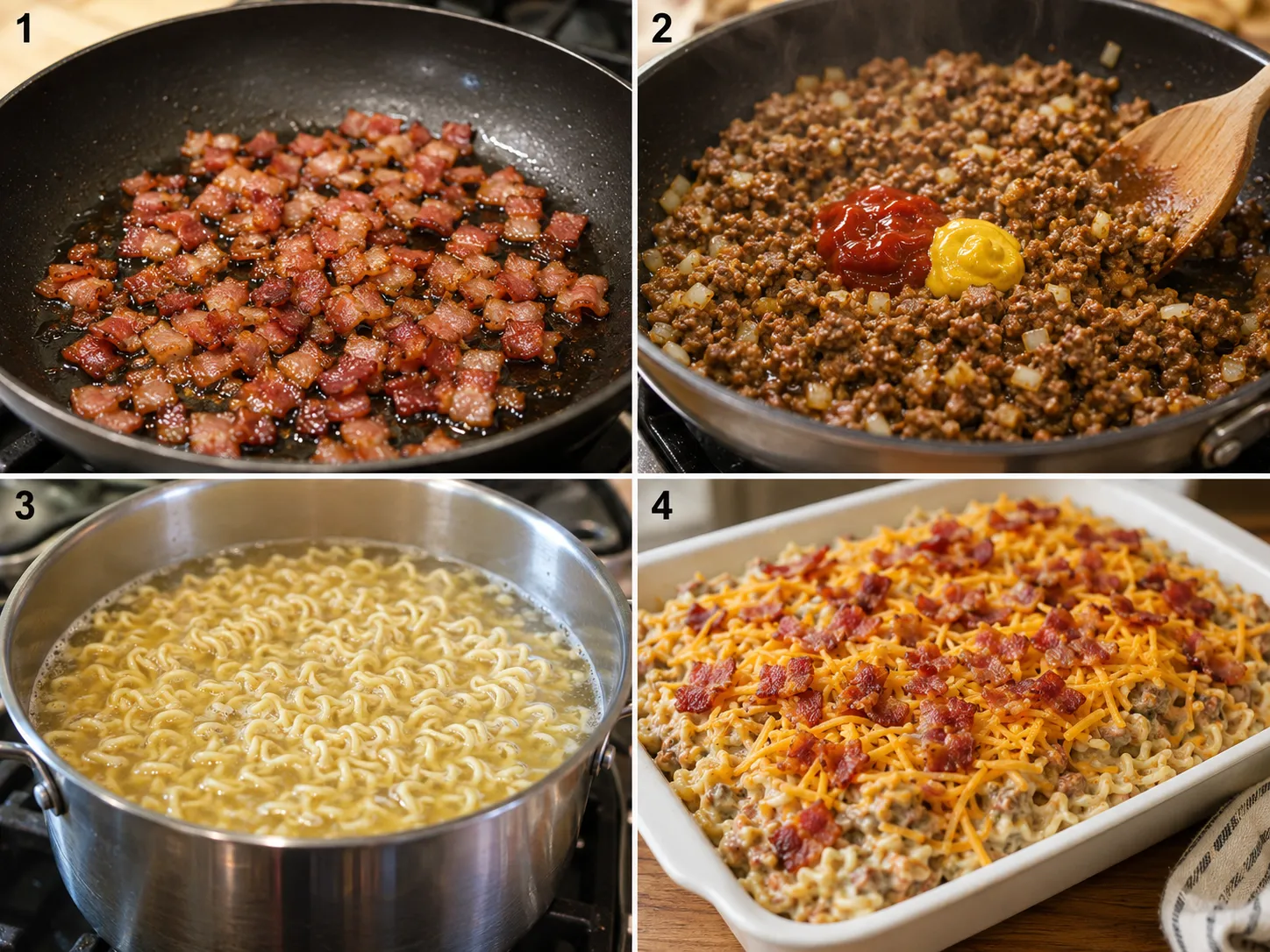 Four cooking steps for bacon cheeseburger ramen noodle bake