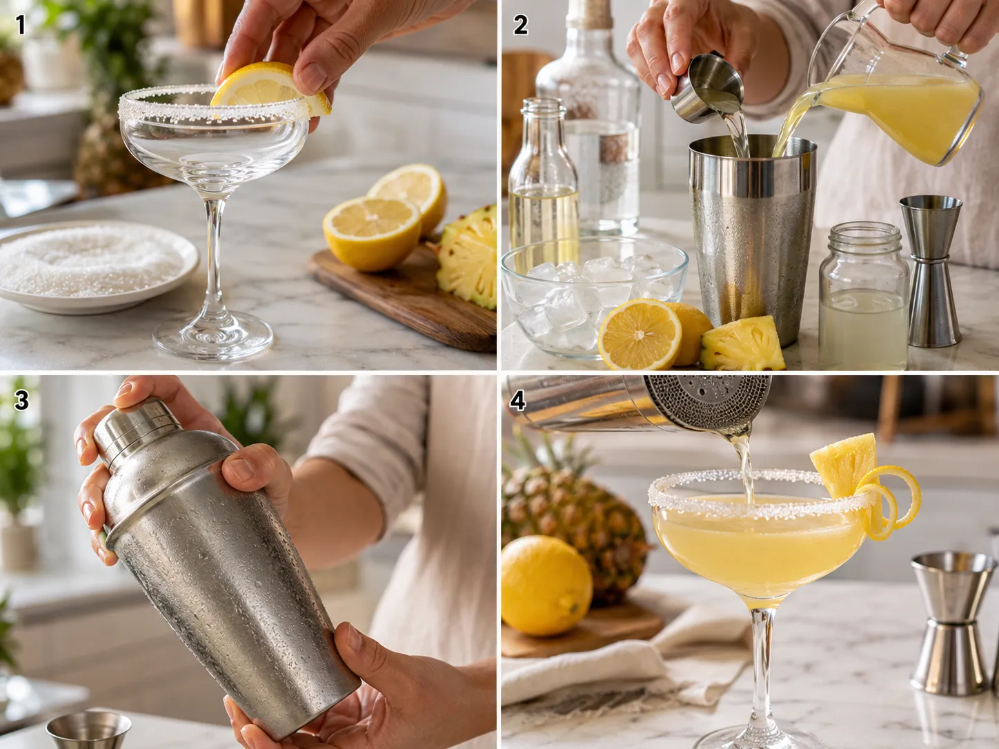 Four steps for making a Pineapple Lemon Drop cocktail from rim to pour