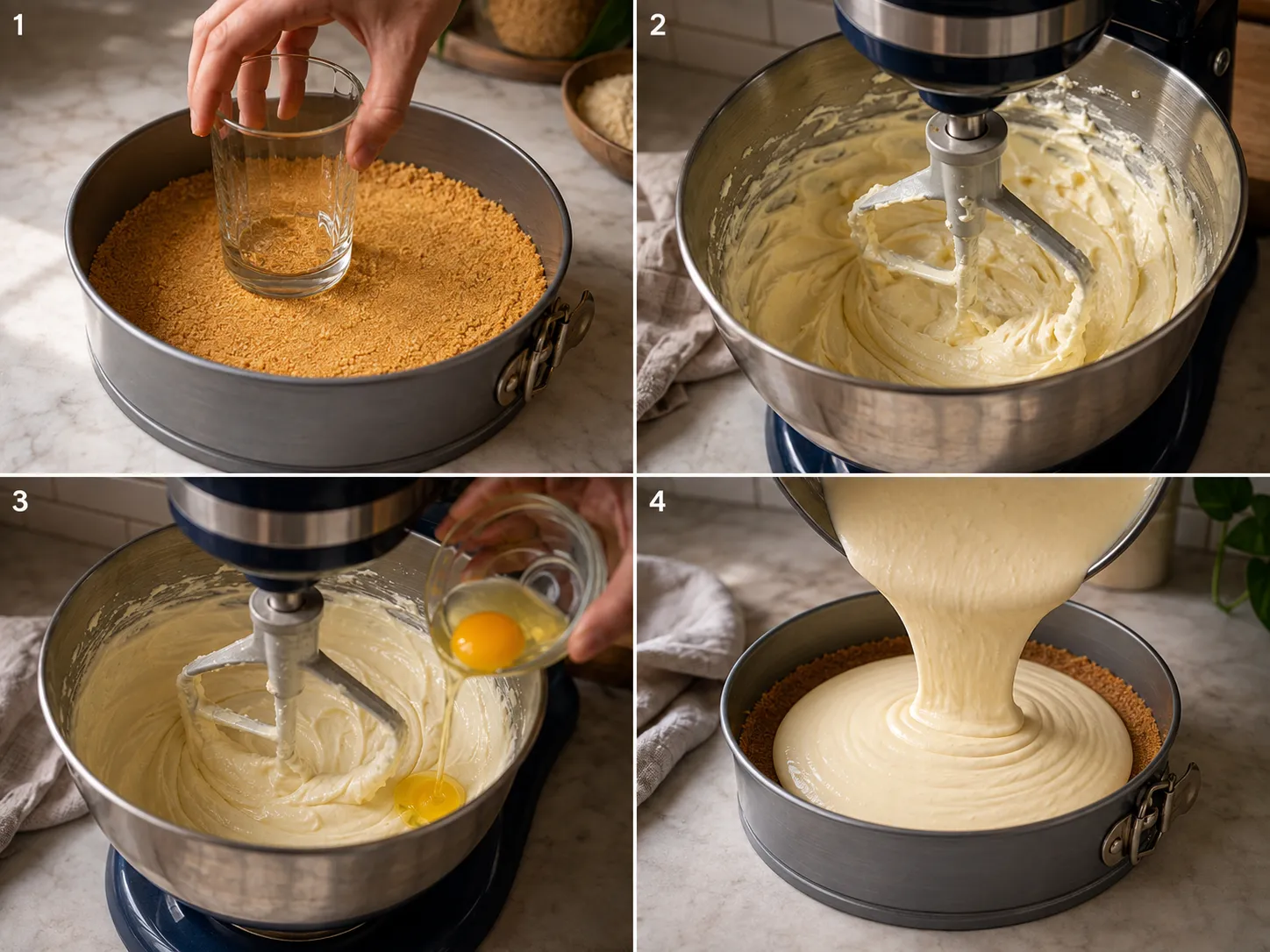 Four steps of making cheesecake from pressing the crust to pouring the filling