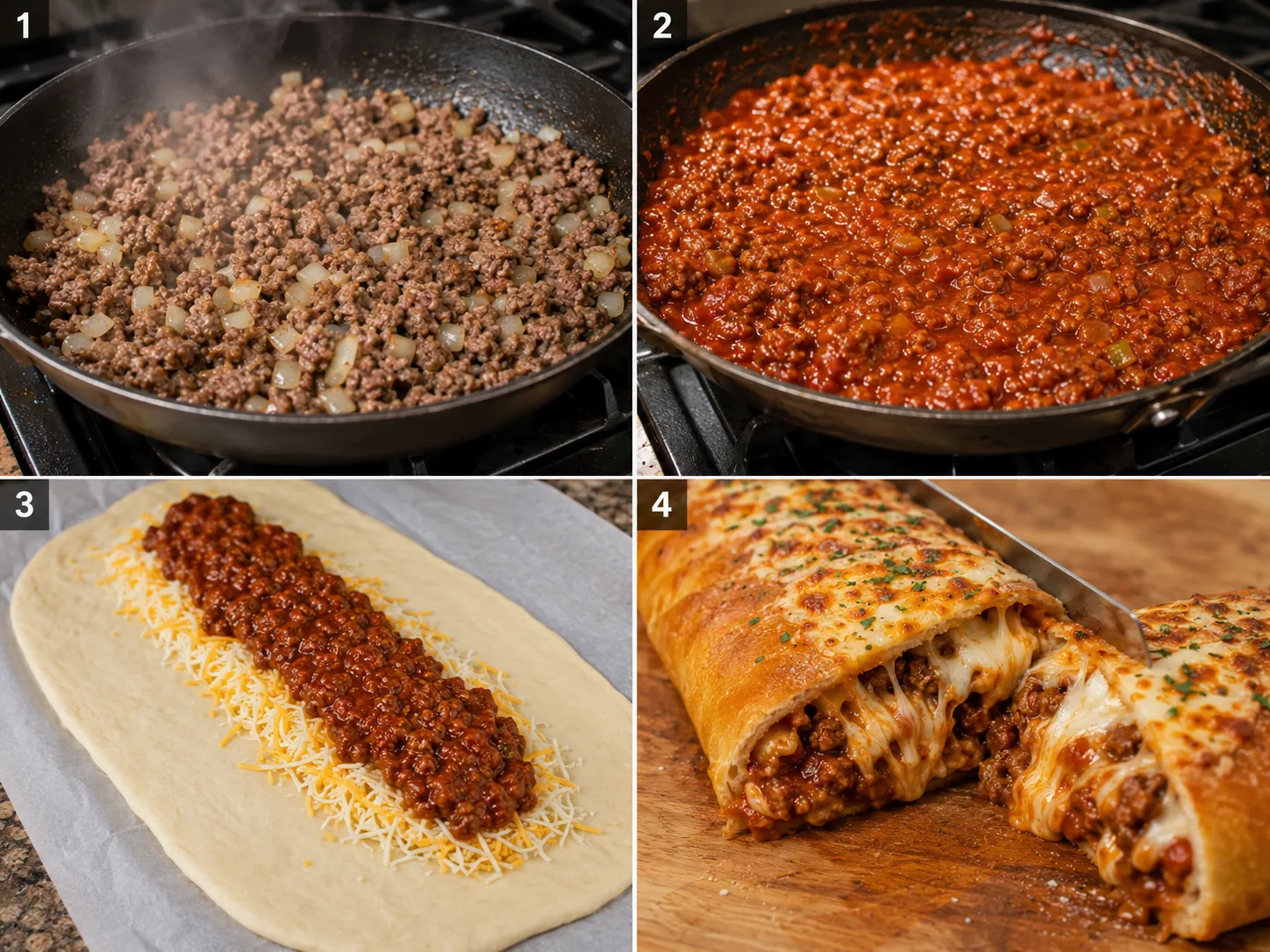 Four steps for making cheesy sloppy joe stromboli from skillet to slicing