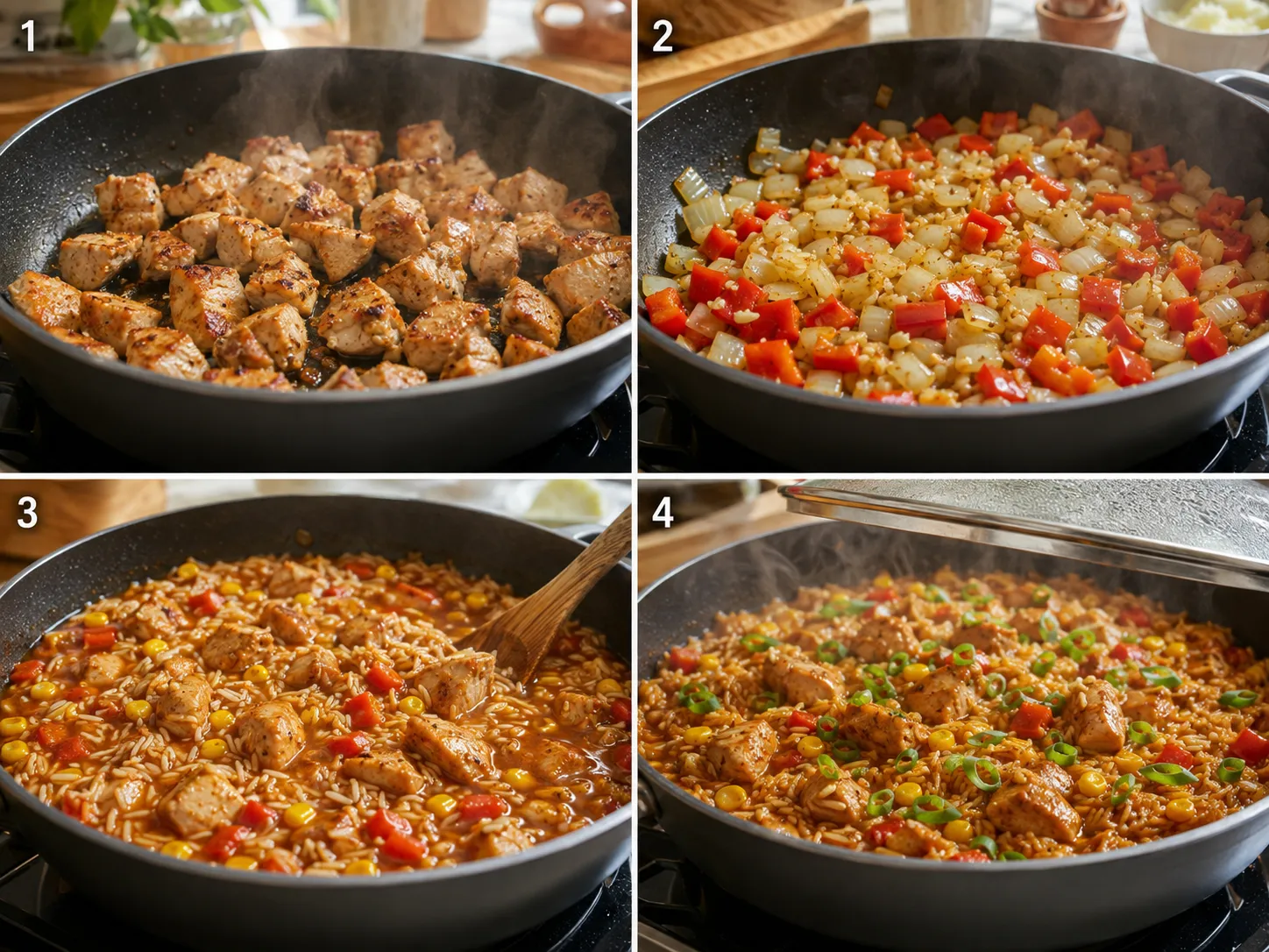 Four cooking steps for Honey BBQ chicken rice skillet in a deep pan