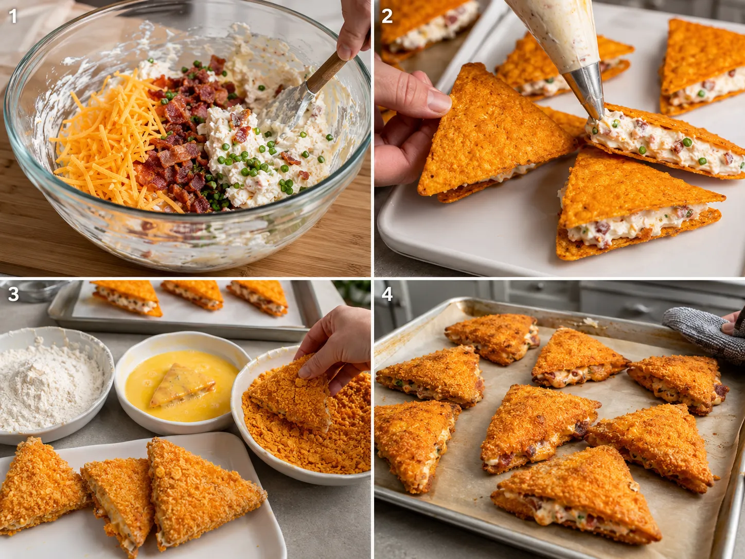 Four steps for mixing, stuffing, coating, and baking stuffed Doritos