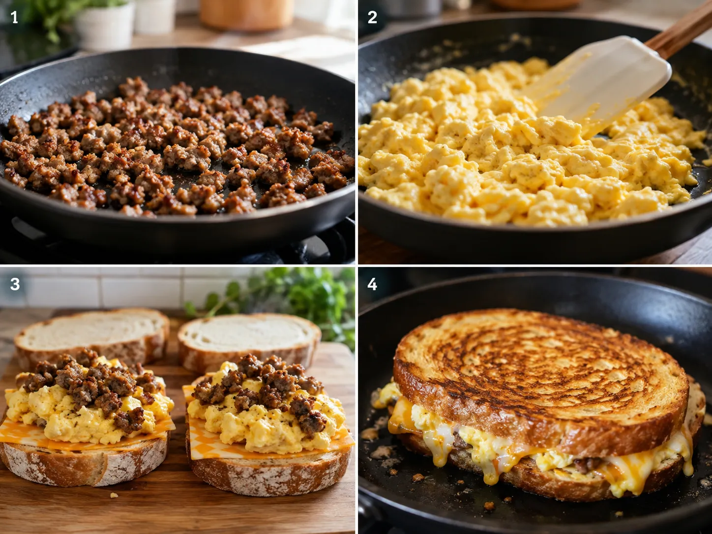 Four steps for making breakfast grilled cheese with sausage and eggs
