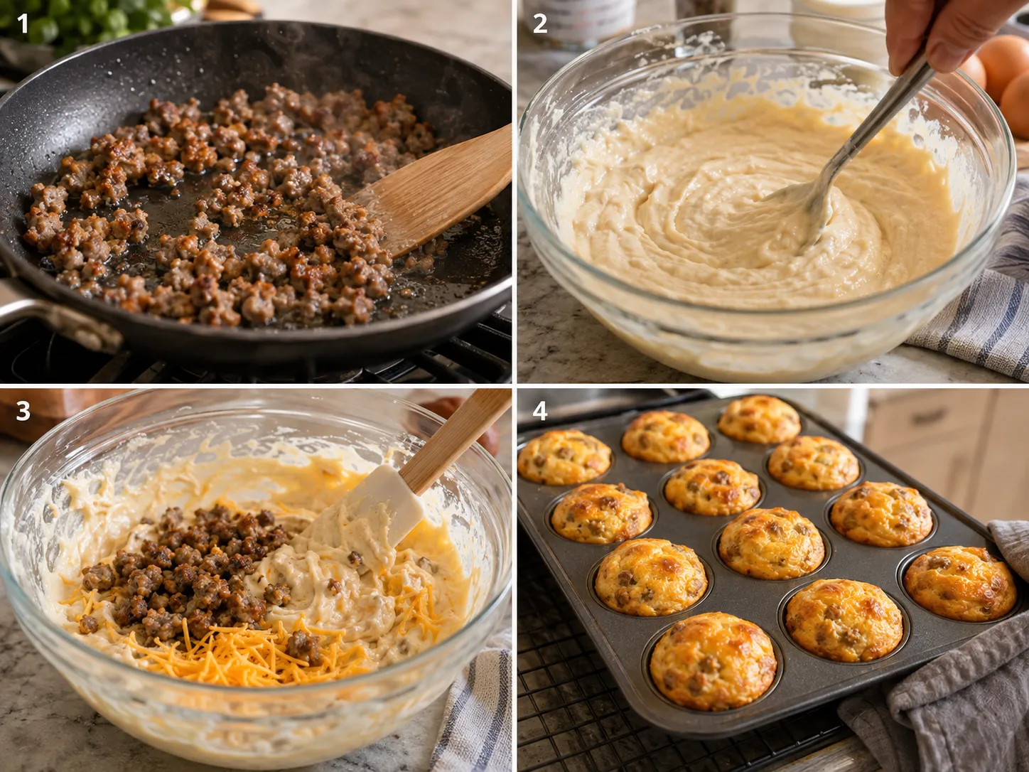 Four cooking steps for Pancake Sausage Cheese Bites in a mini muffin pan